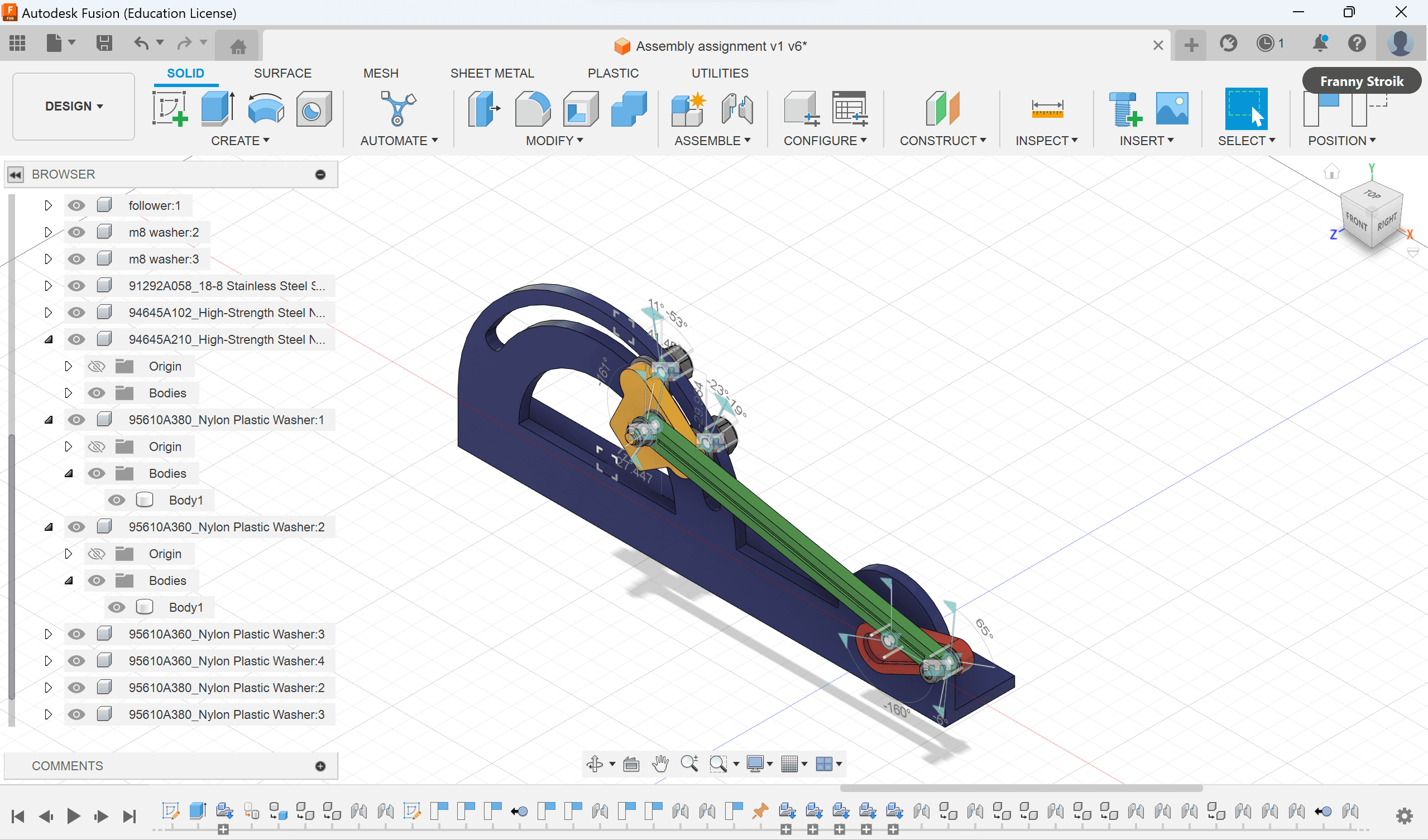 Fusion 360 CAD assembly of prosthetic hand with material specifications
